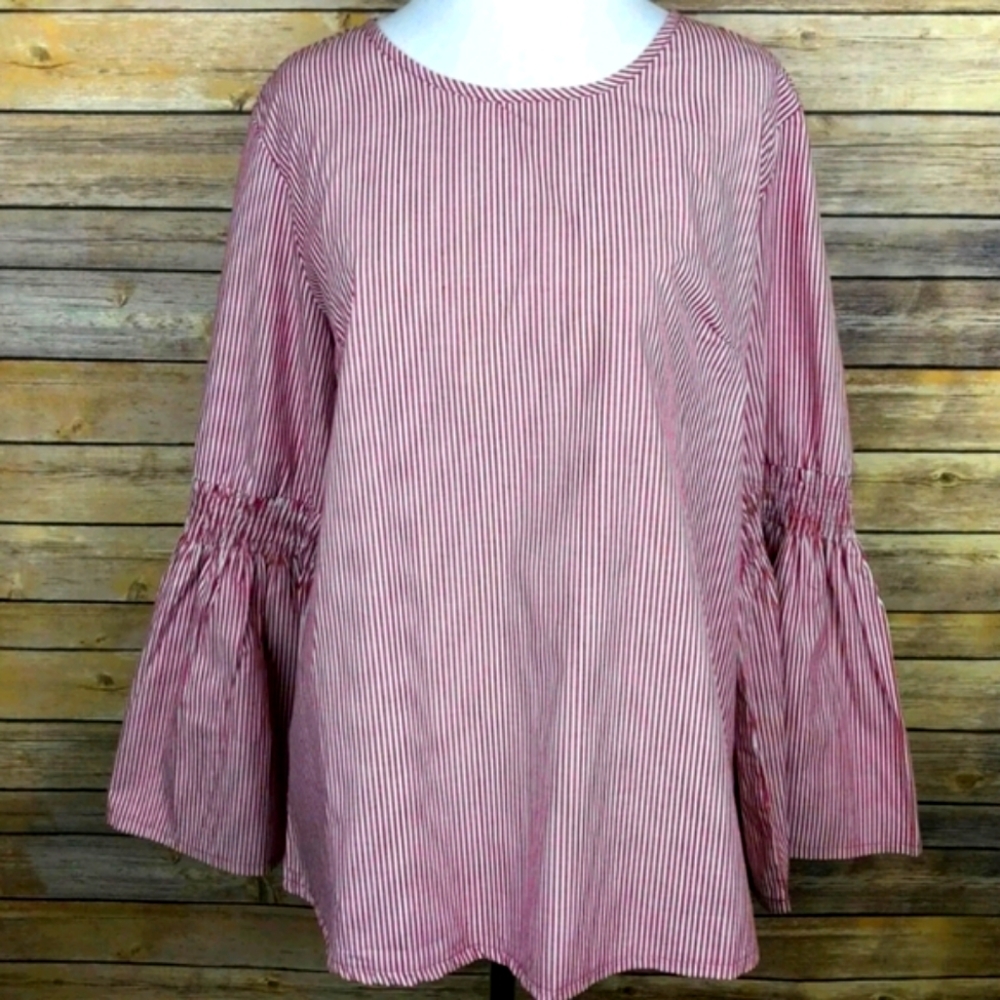 Red Pinstripe Blouse M Solitaire - Picture 3 of 8